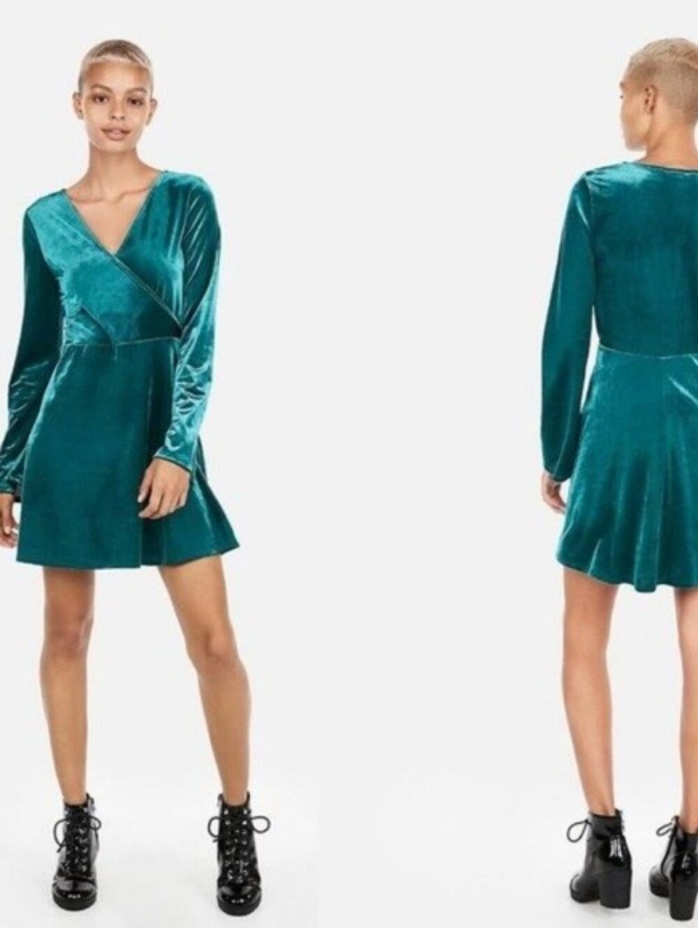 Express Teal Blue Velvet V-Neck Long Sleeve Fit & Flare Mini Dress - Size L